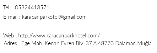 Karacan Park Hotel telefon numaralar, faks, e-mail, posta adresi ve iletiim bilgileri